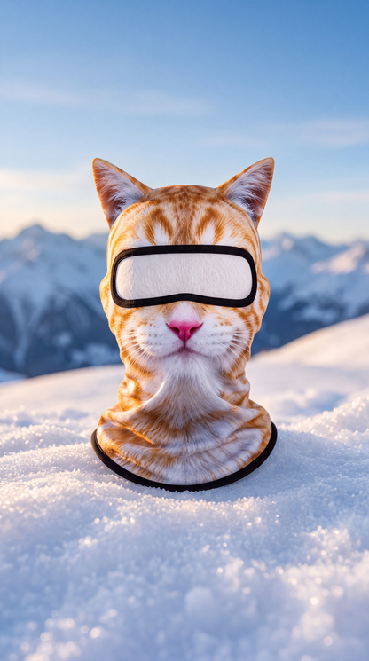 Pasamontañas gato naranja sobre nieve